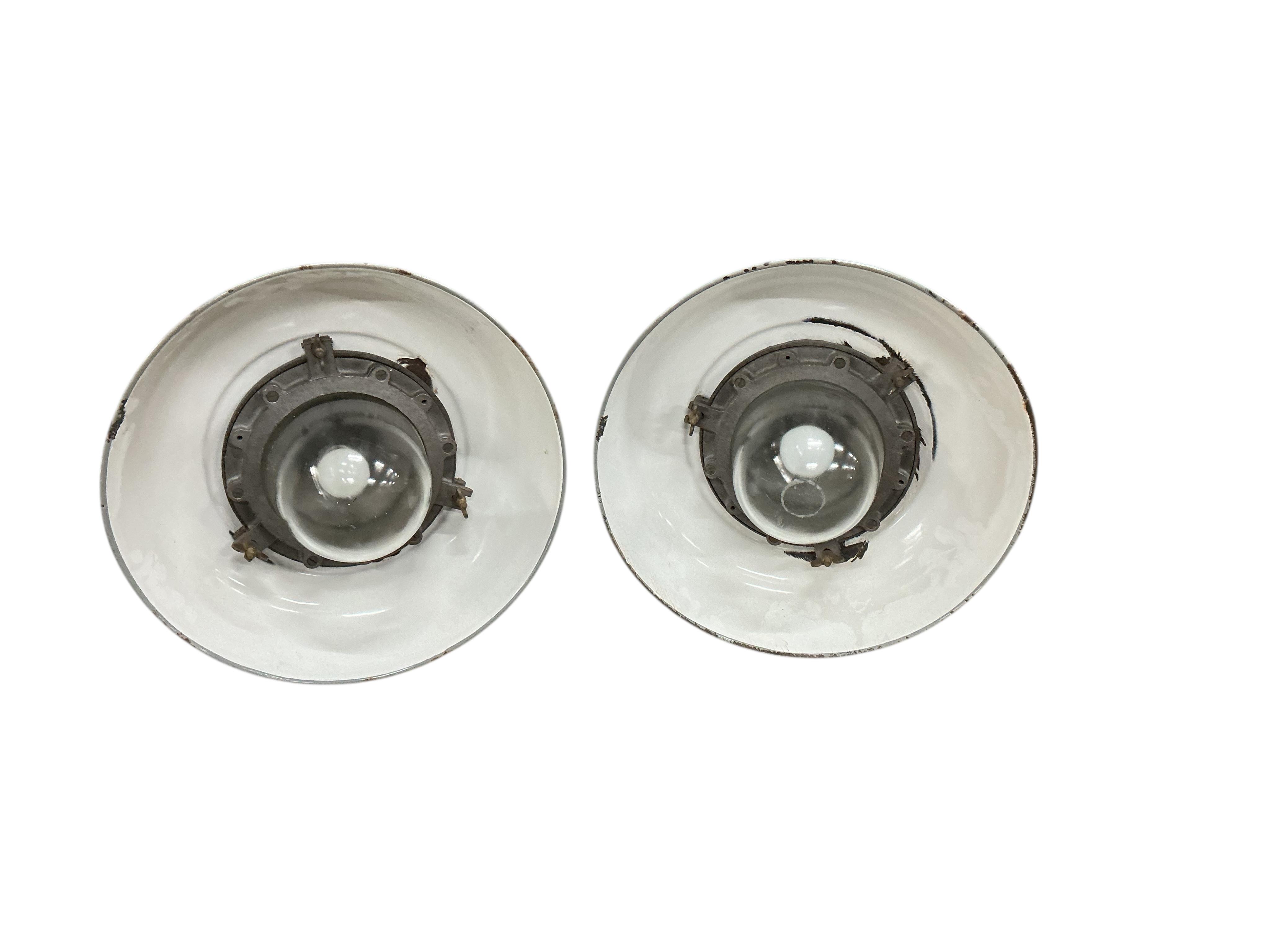 A pair of vintage GEC grey enamel pendant ceiling lights, diameter 44cm, height 48cm